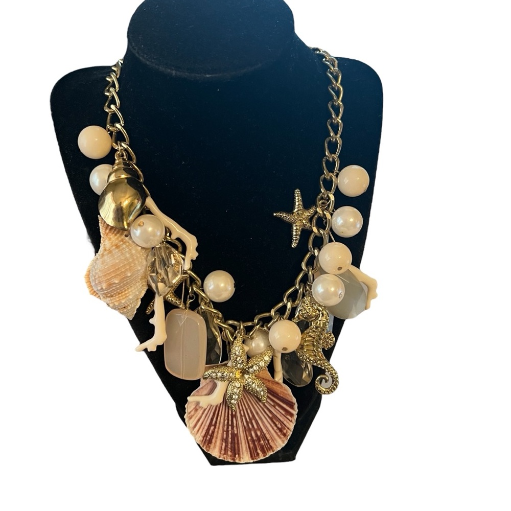 Gold and Cream Seashell Charm Chunky Necklace
